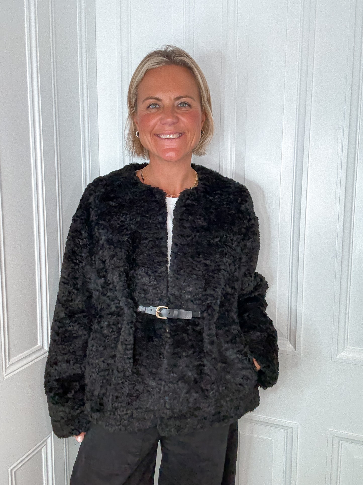 Black Belted Faux Fur Jacket