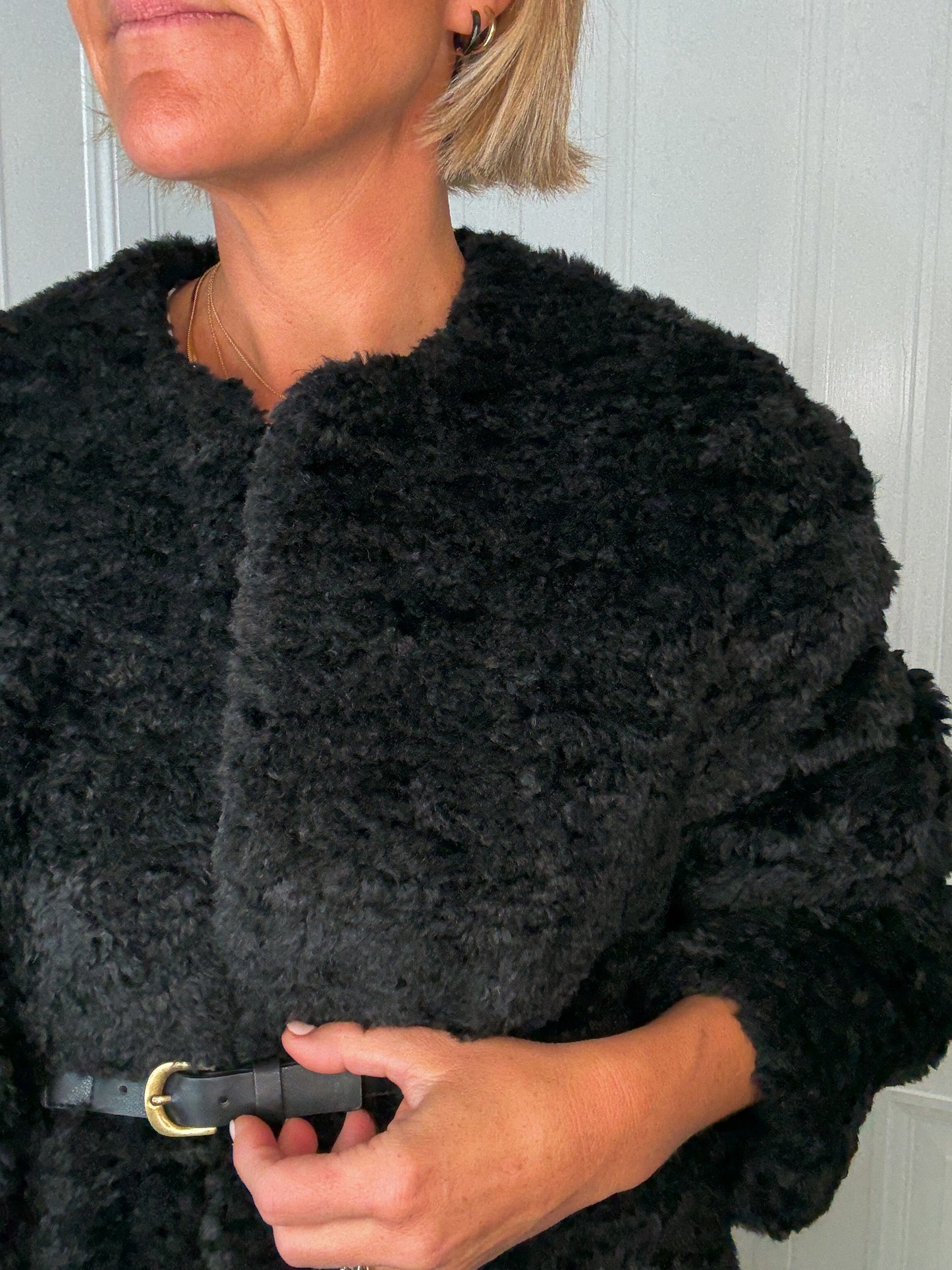 Black Belted Faux Fur Jacket