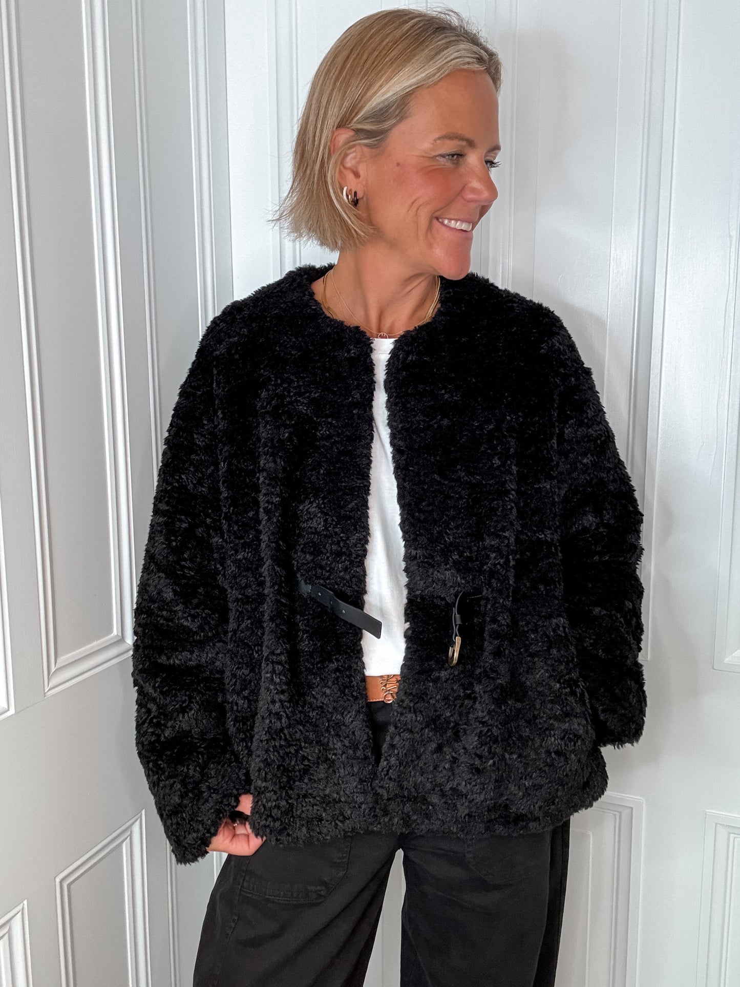 Black Belted Faux Fur Jacket