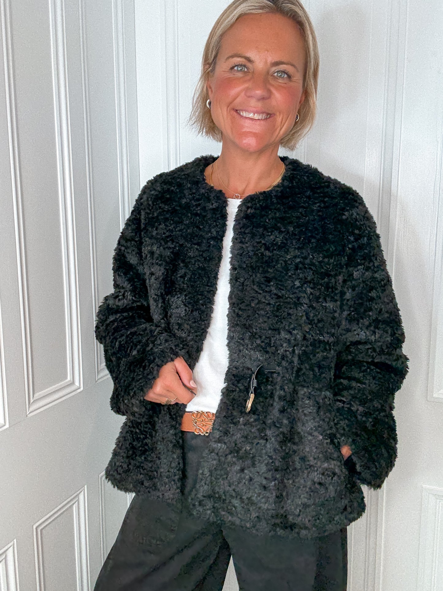 Black Belted Faux Fur Jacket