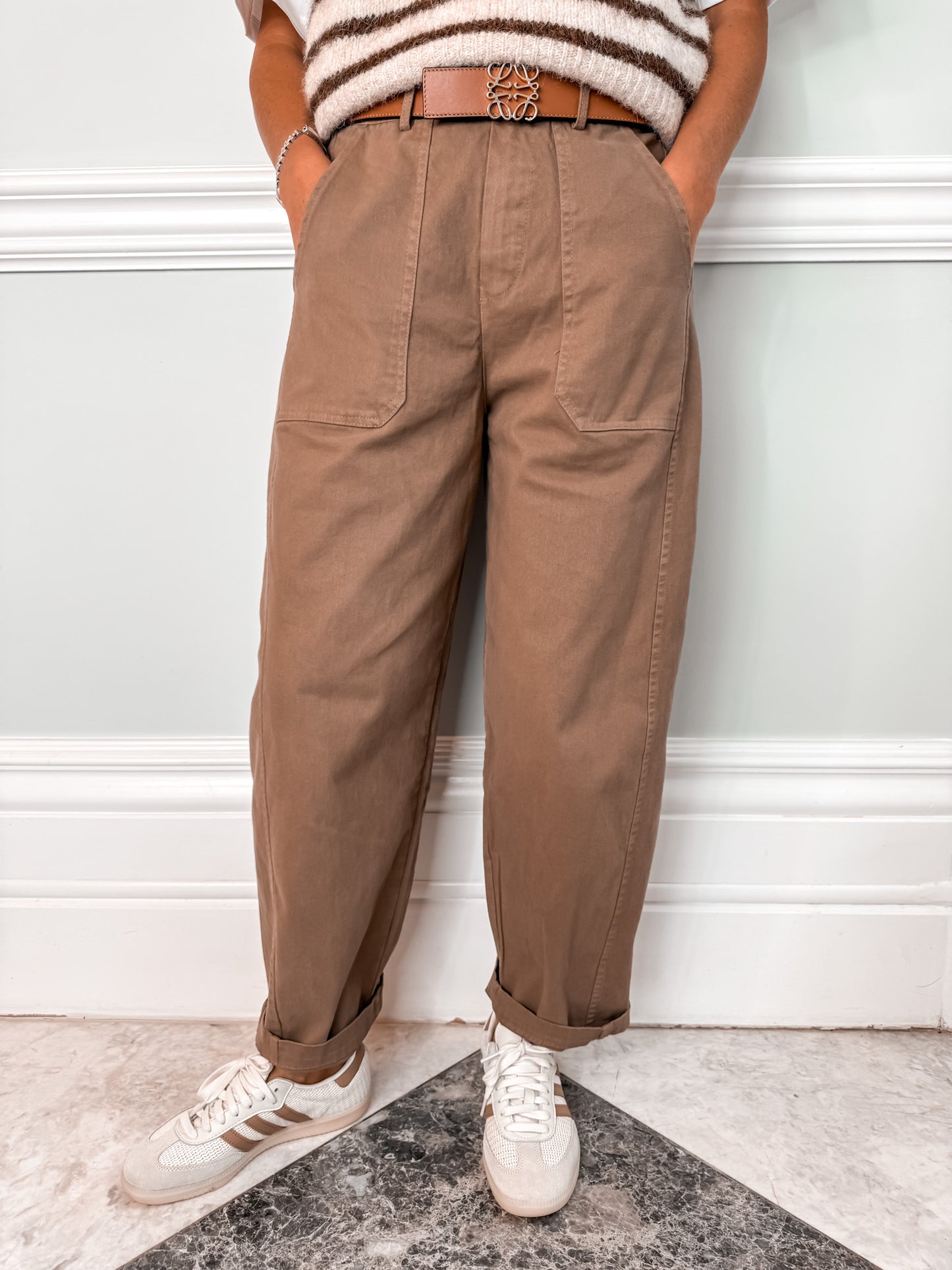 Camel Barrel Leg Trousers