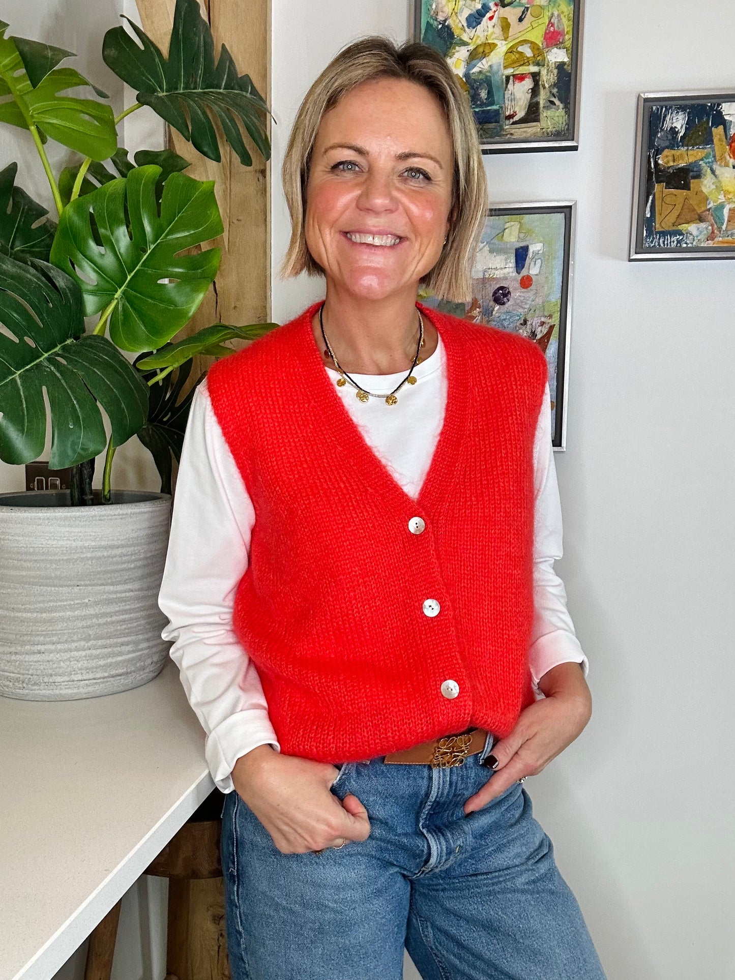 Red Sleeveless Cardigan