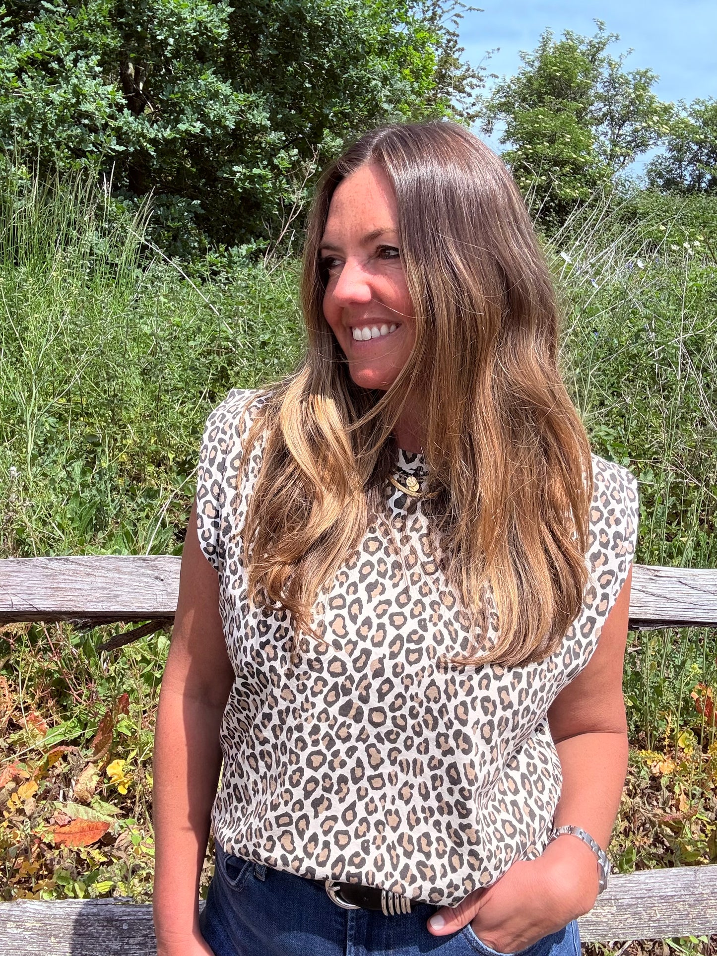 Cream Sleeveless Leopard Print Tee