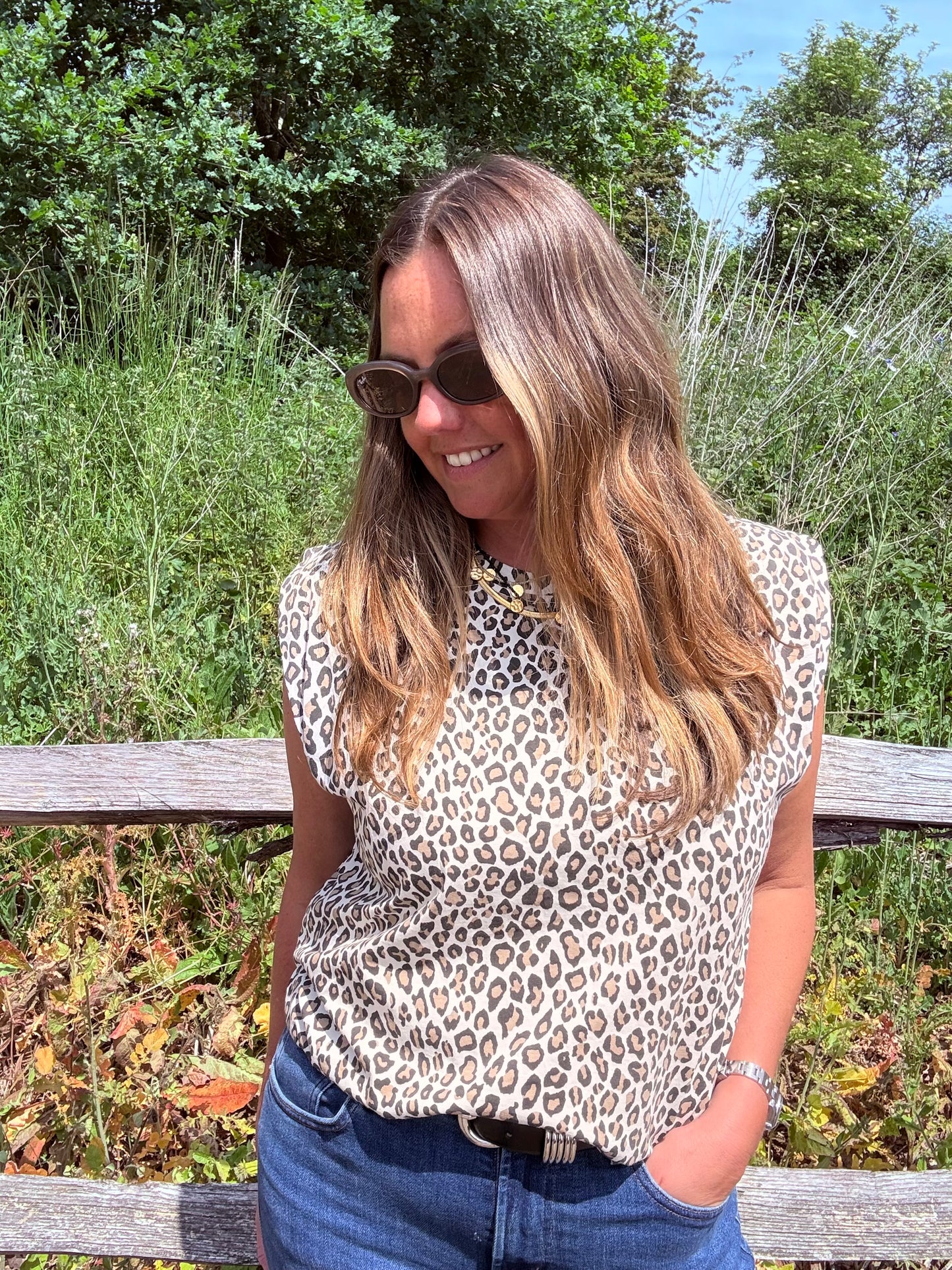 Cream Sleeveless Leopard Print Tee