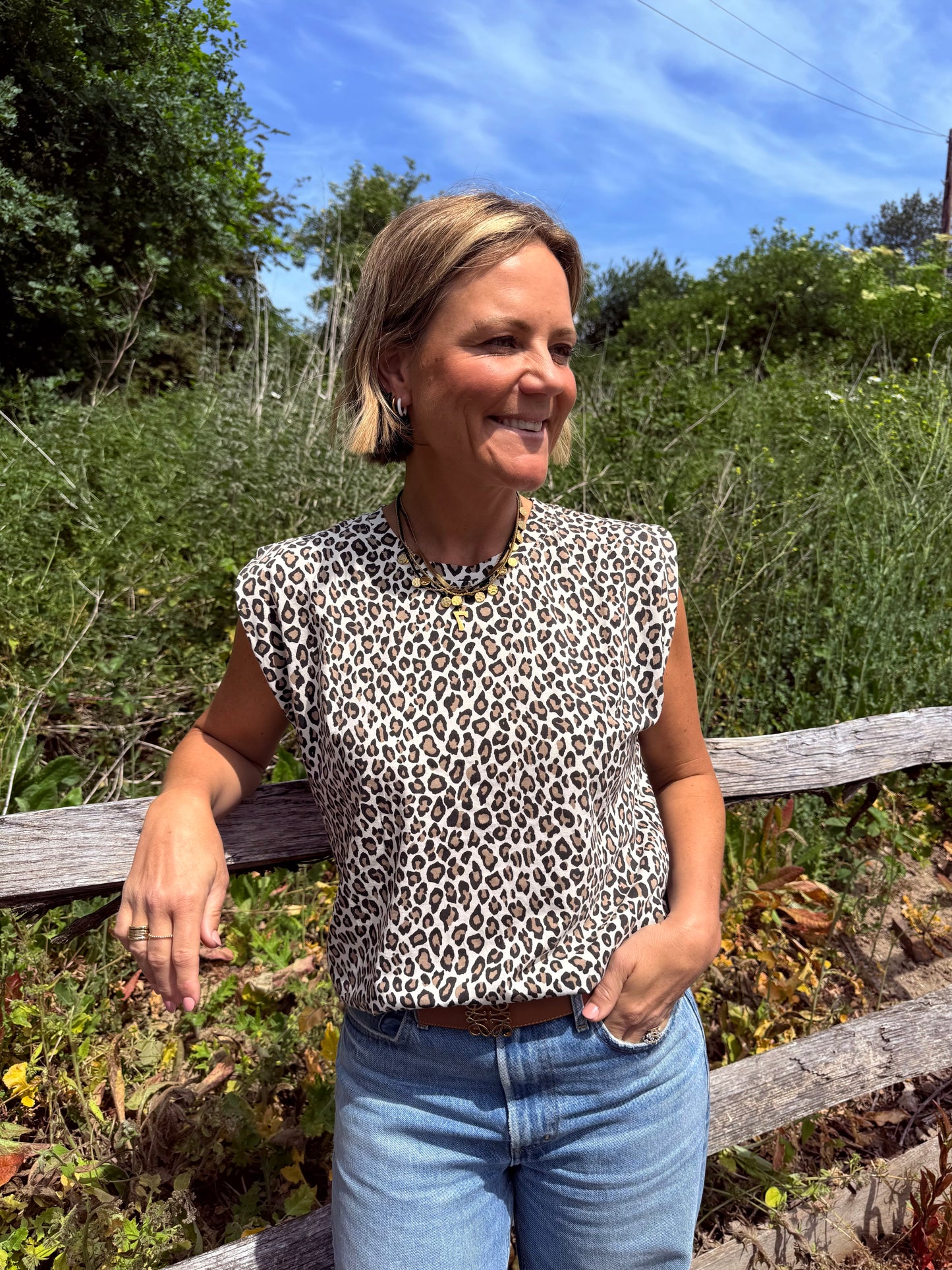 Cream Sleeveless Leopard Print Tee