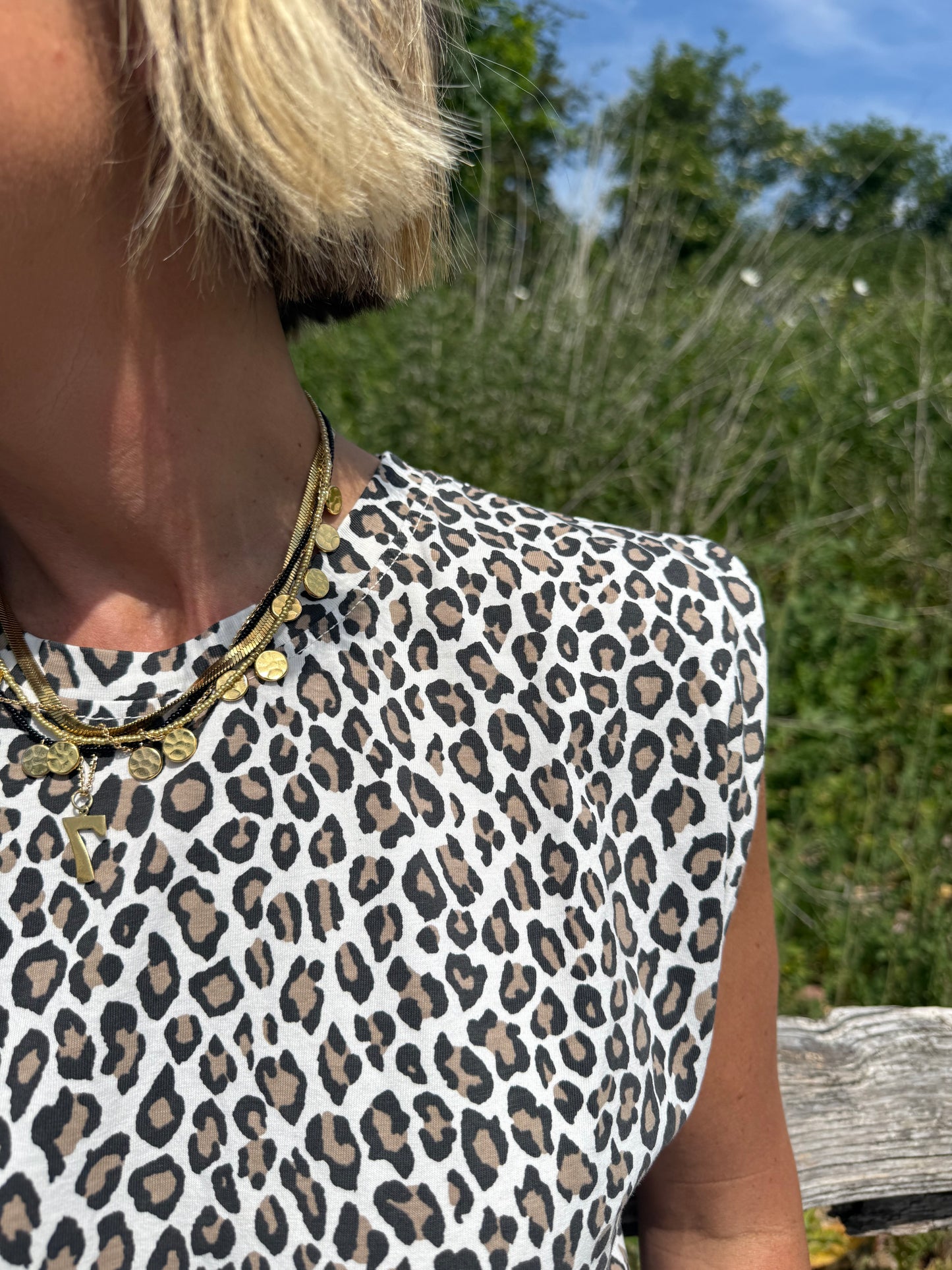 Cream Sleeveless Leopard Print Tee