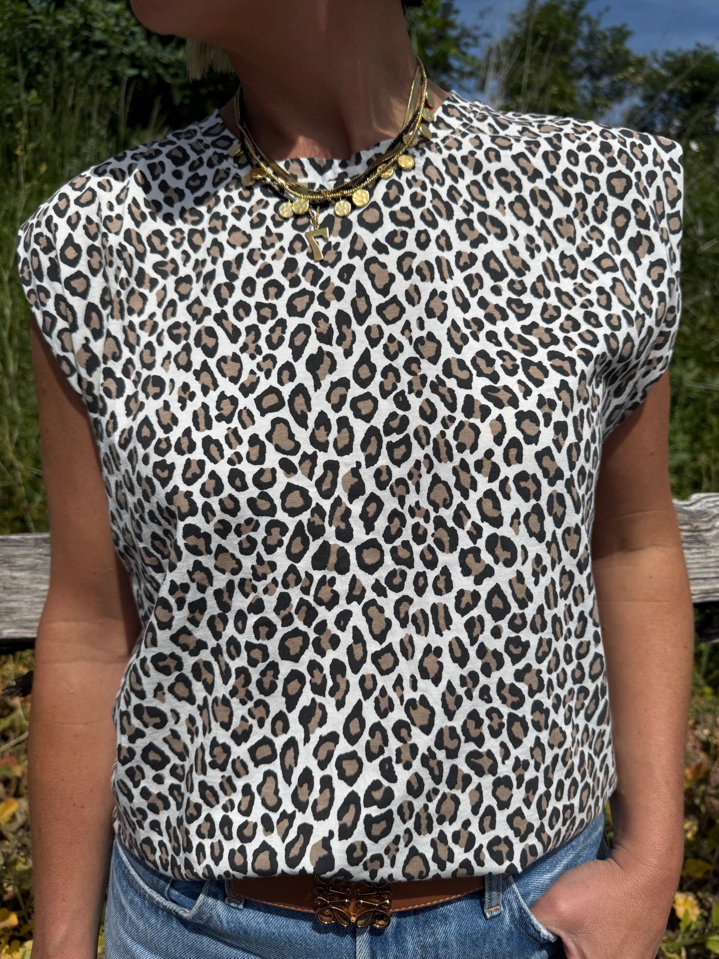 Cream Sleeveless Leopard Print Tee