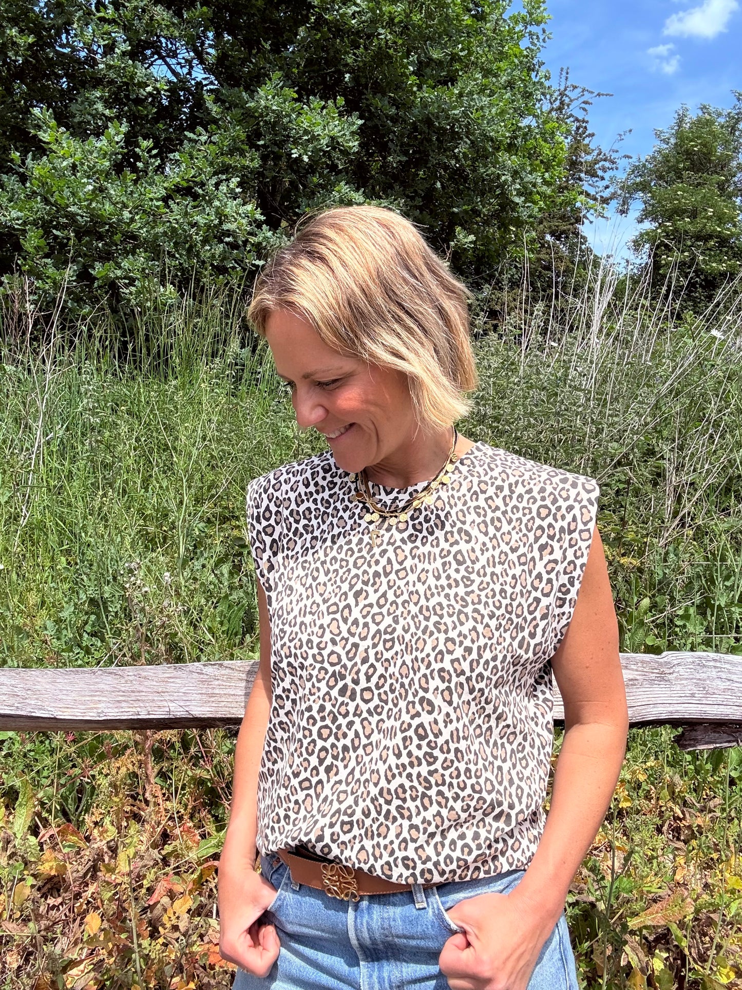Cream Sleeveless Leopard Print Tee