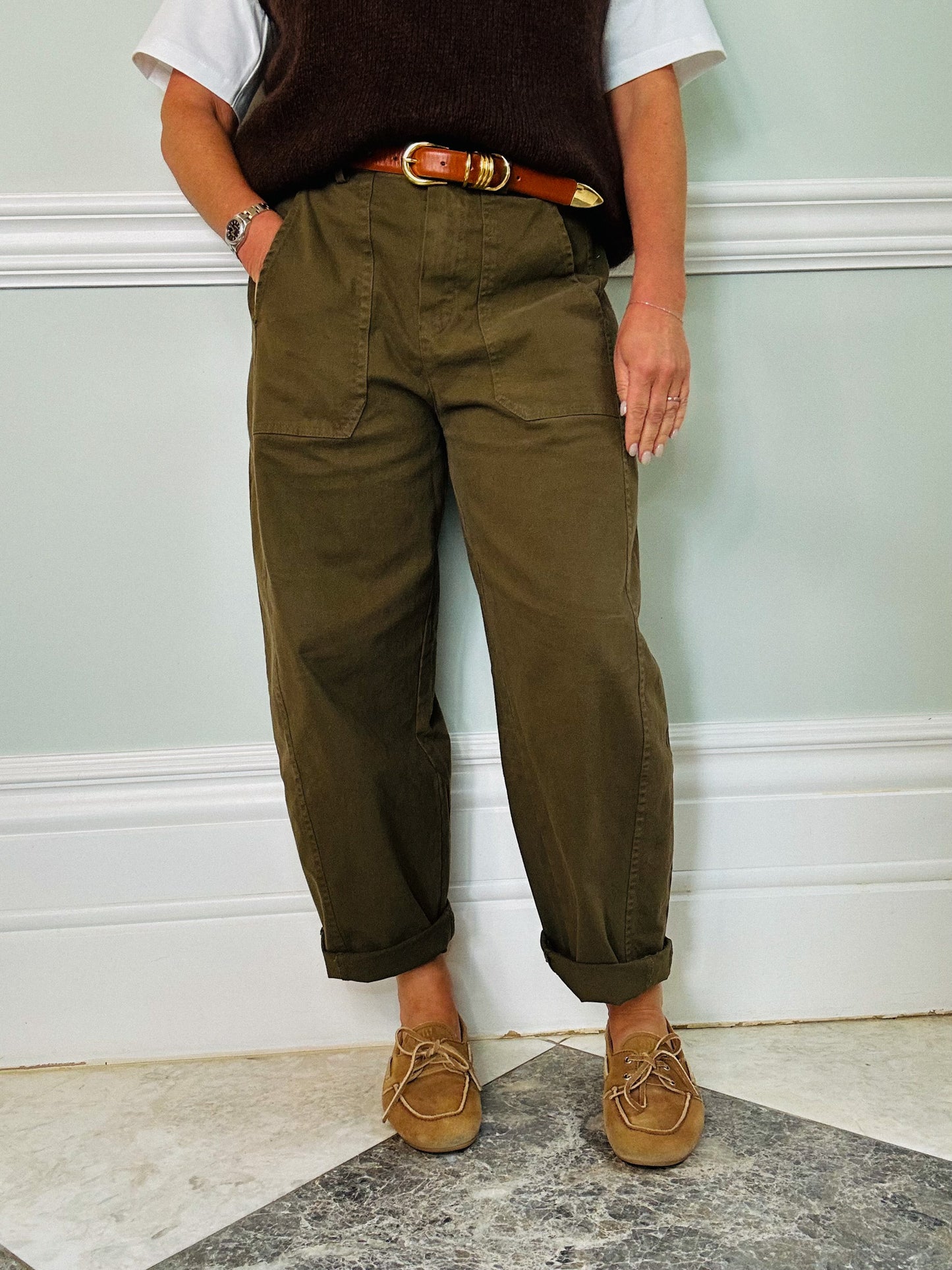 Khaki Barrel Leg Trousers