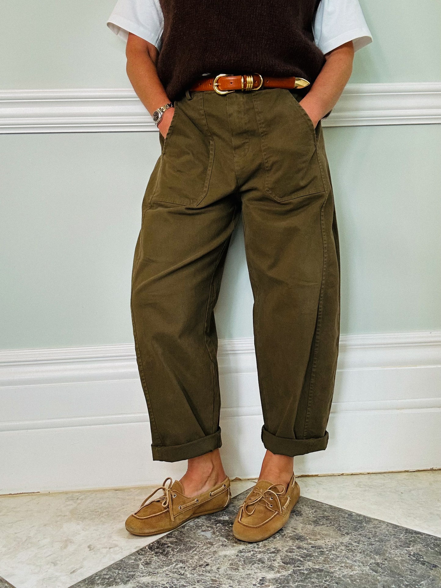 Khaki Barrel Leg Trousers