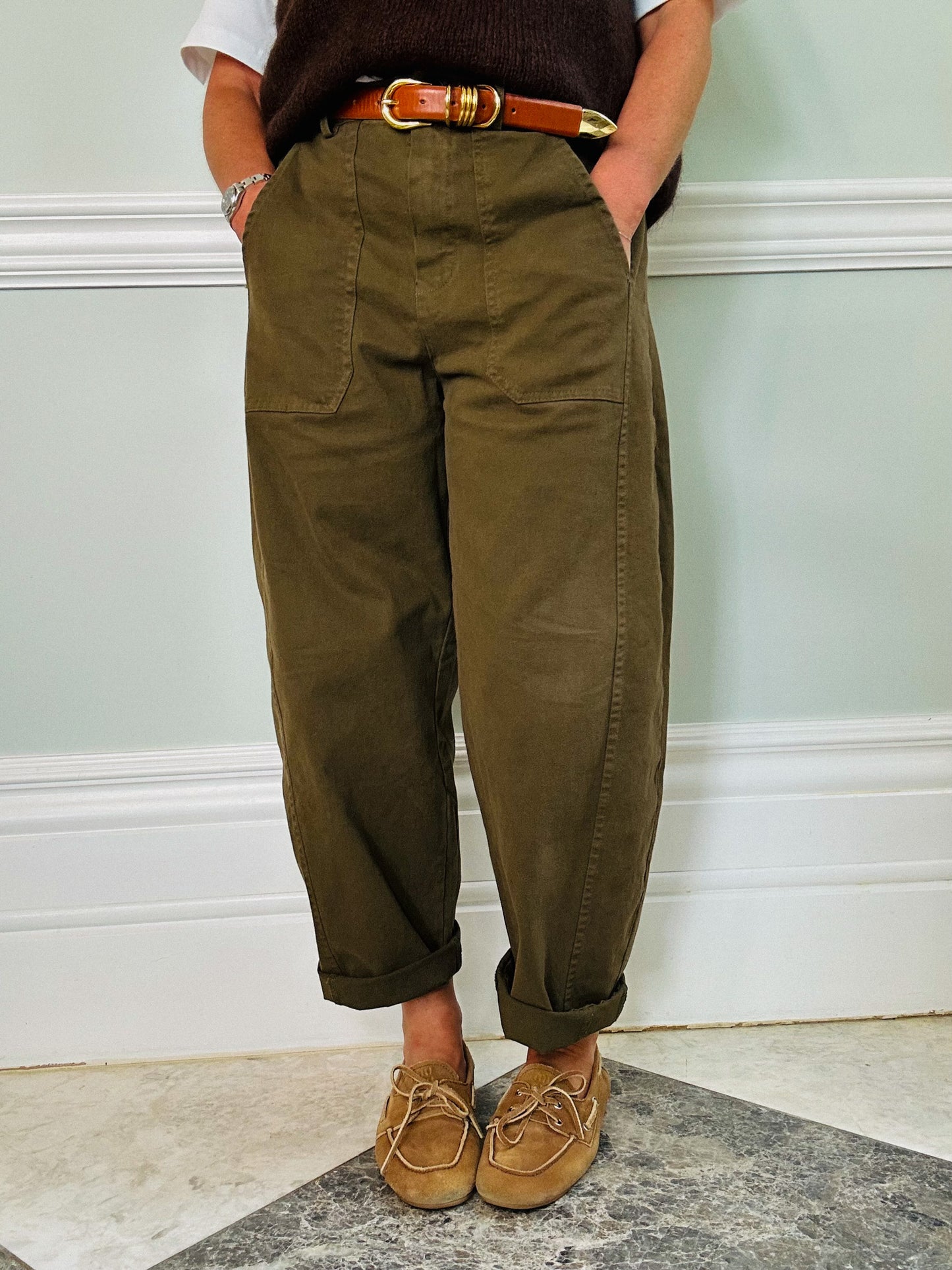 Khaki Barrel Leg Trousers