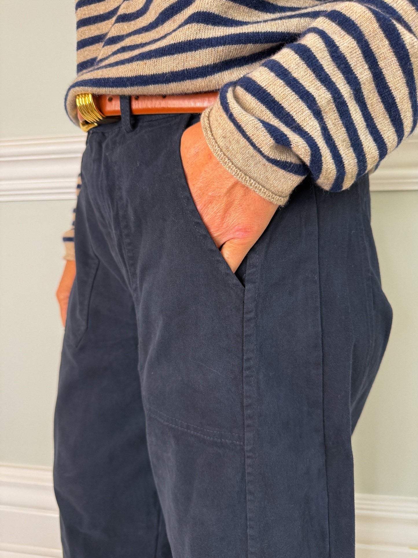 Navy Barrel Leg Trousers