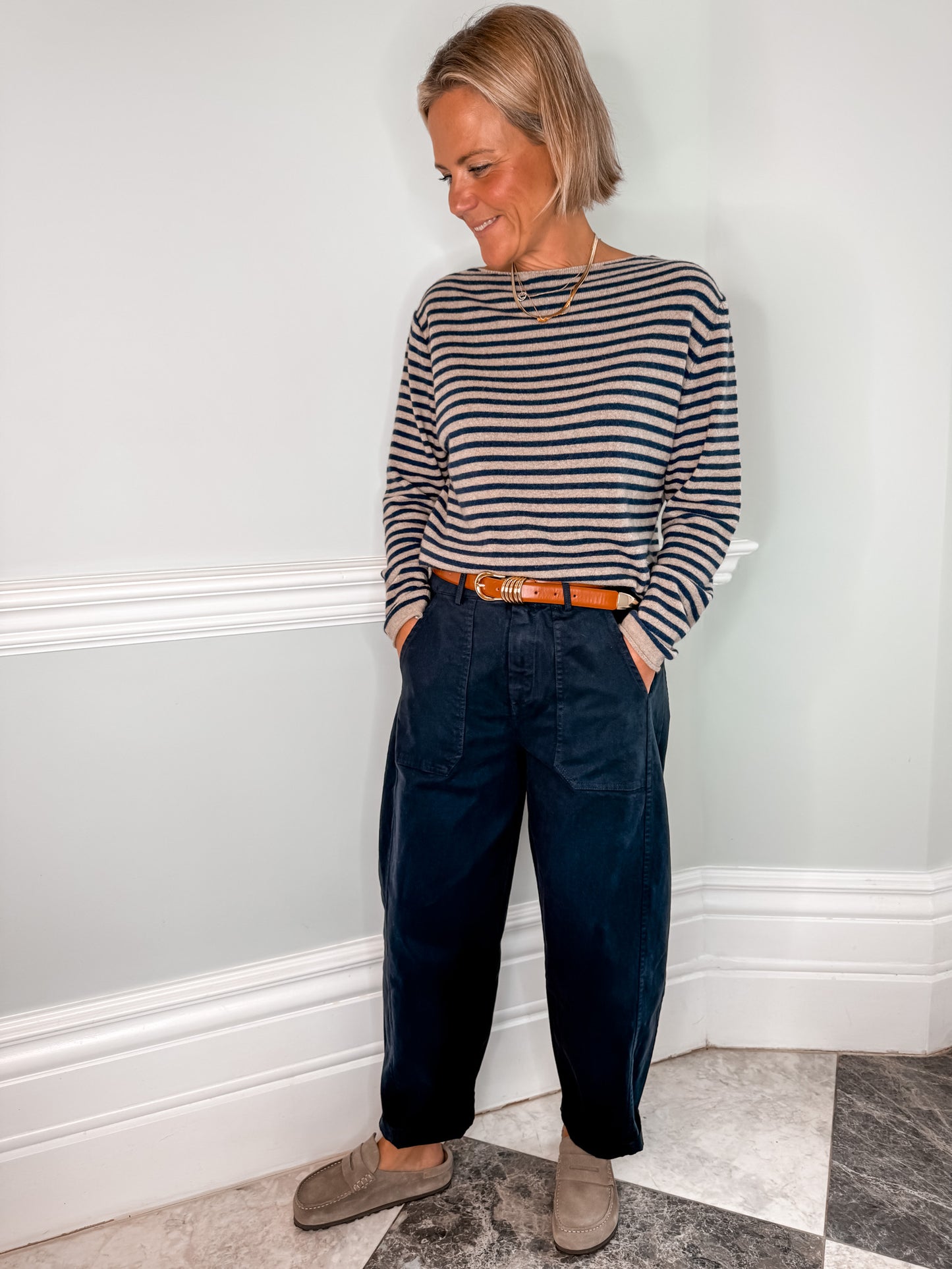 Navy Barrel Leg Trousers