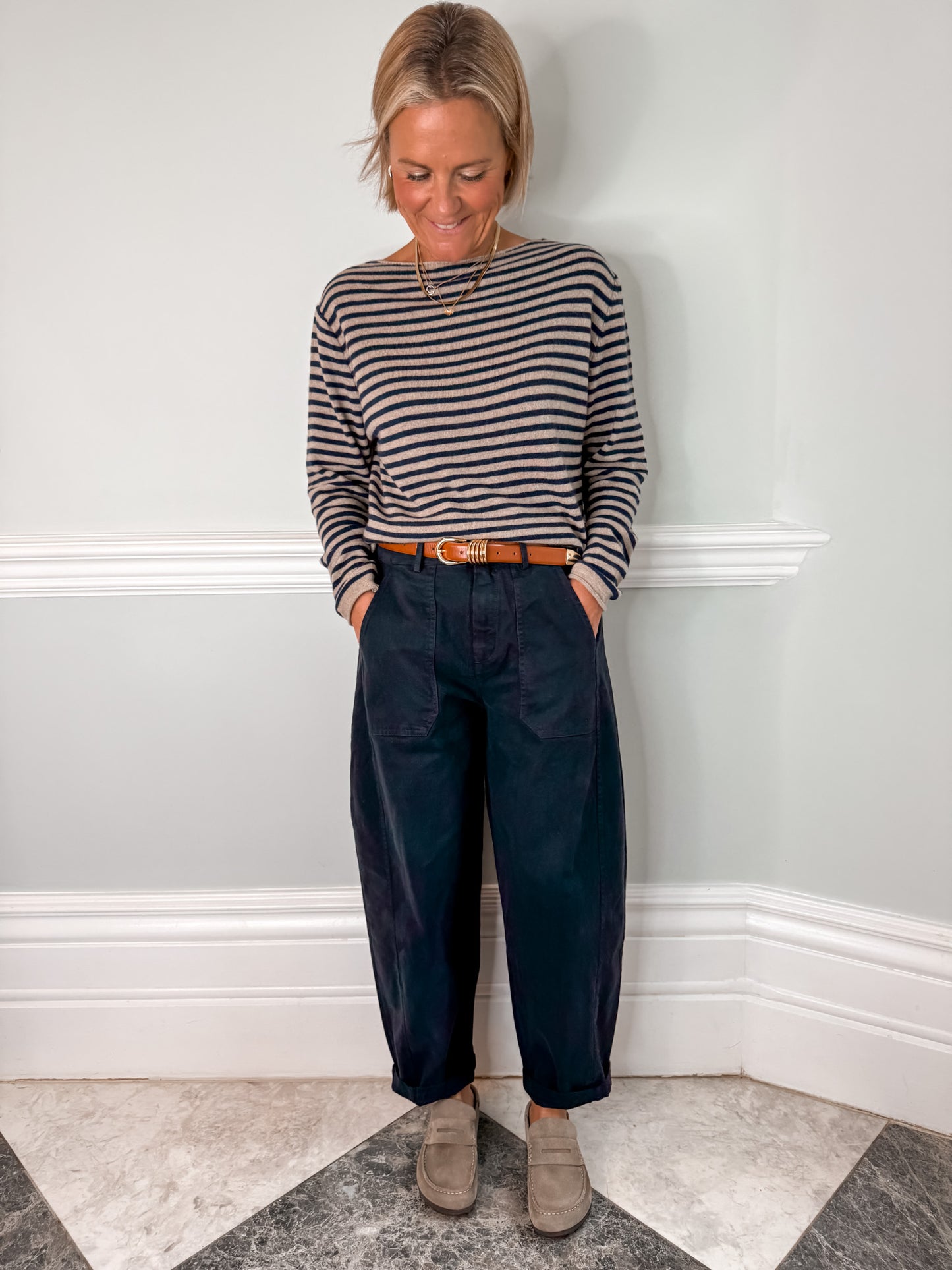 Navy Barrel Leg Trousers