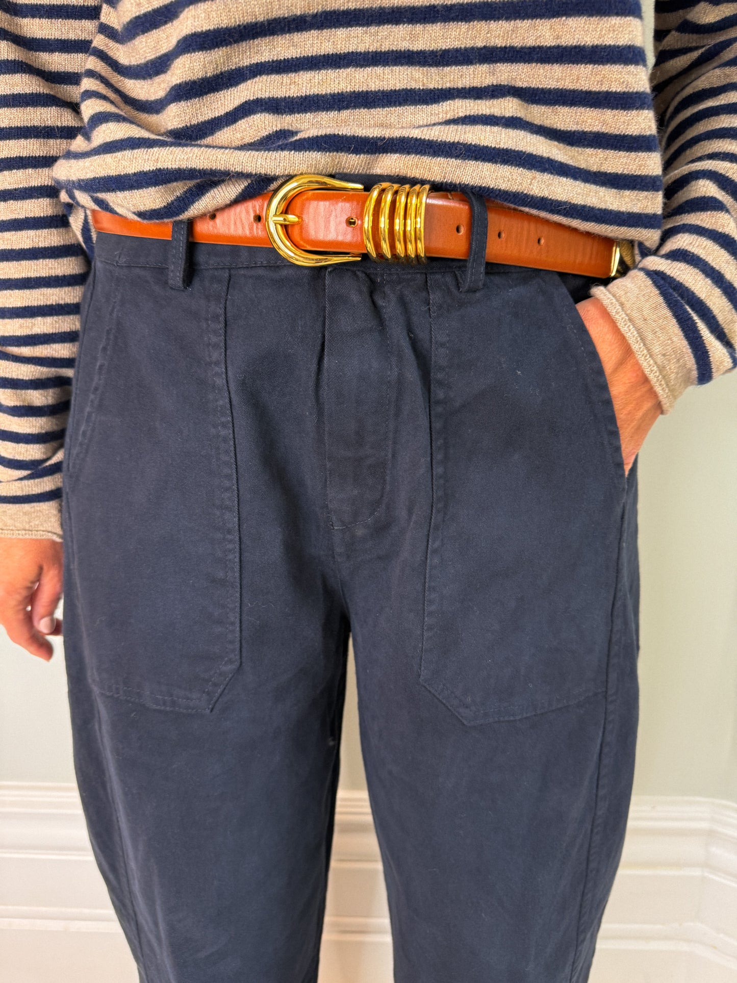 Navy Barrel Leg Trousers