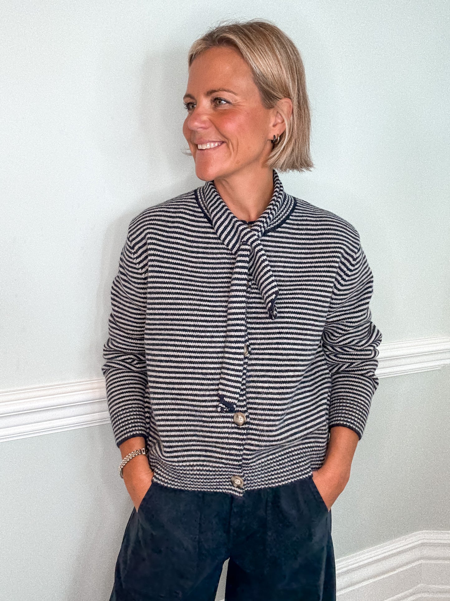Stripe Knit Cardigan with Neck Tie