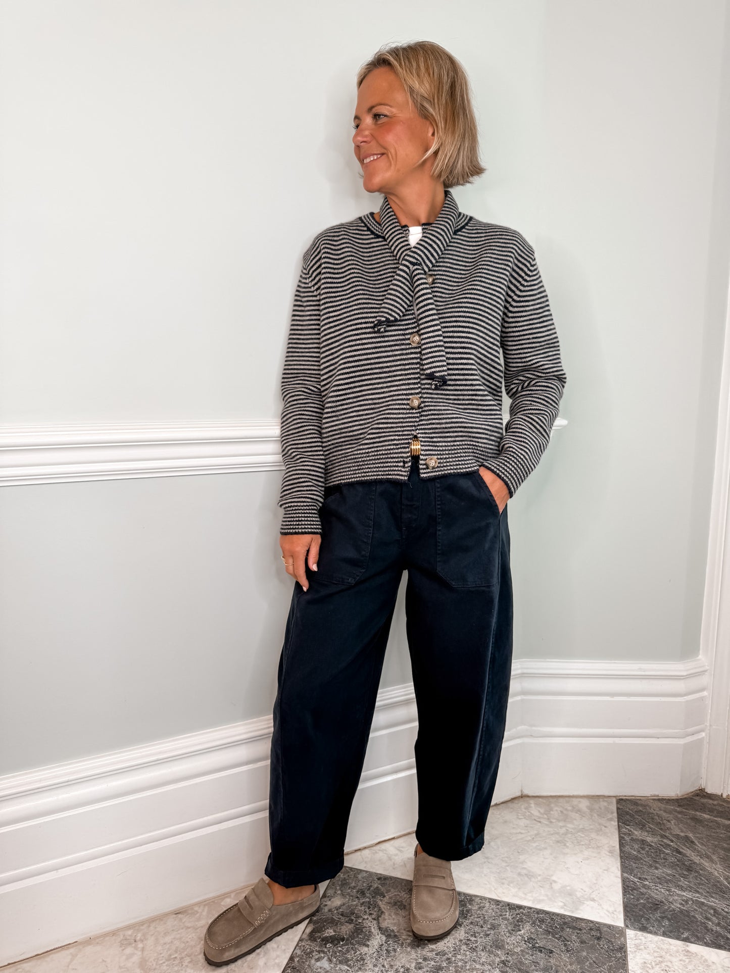 Stripe Knit Cardigan with Neck Tie