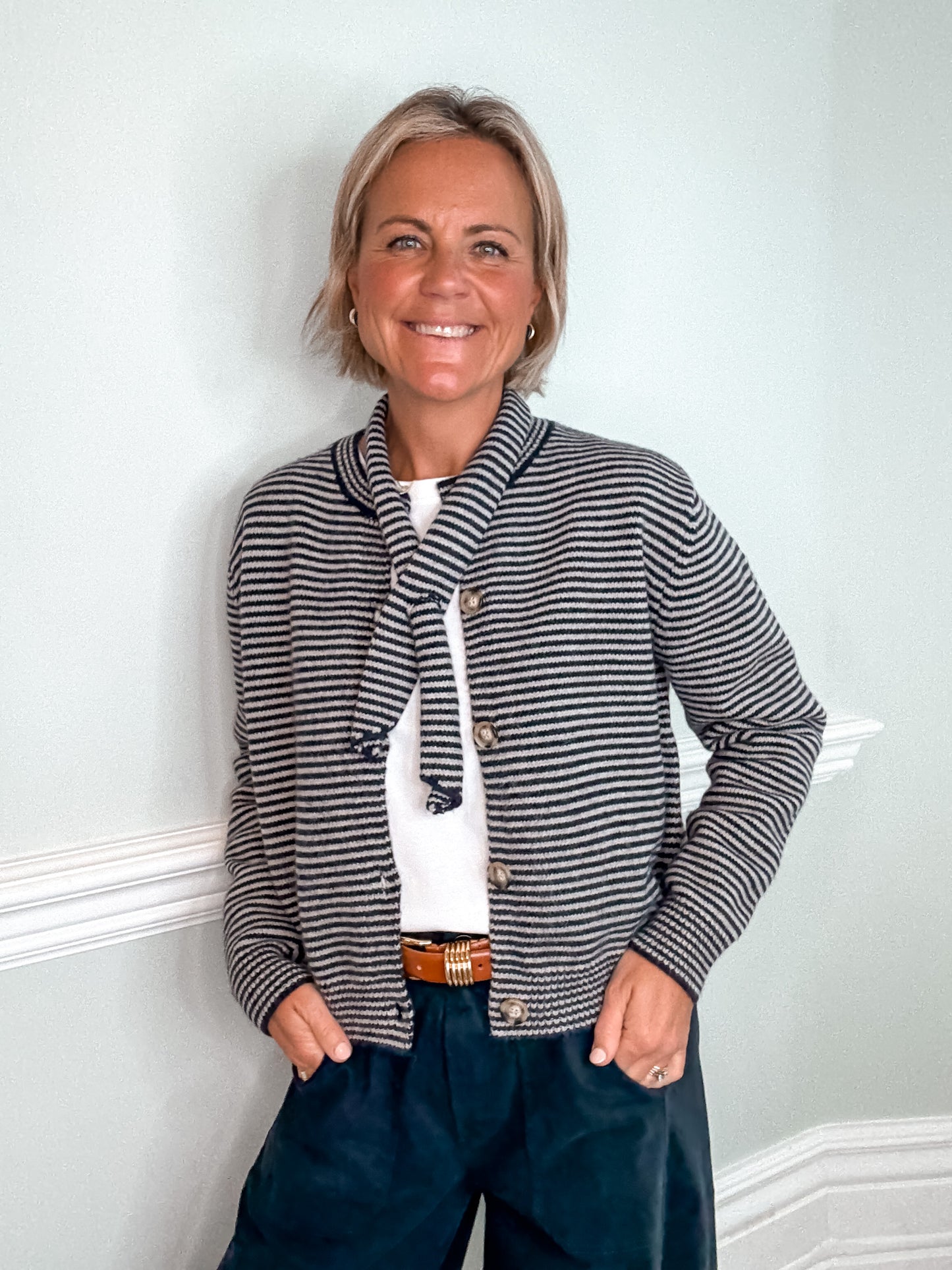 Stripe Knit Cardigan with Neck Tie