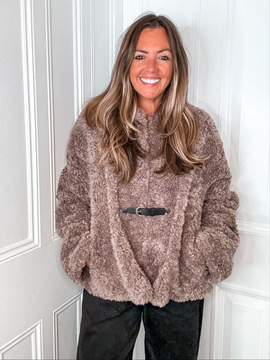 Taupe Belted Faux Fur Jacket