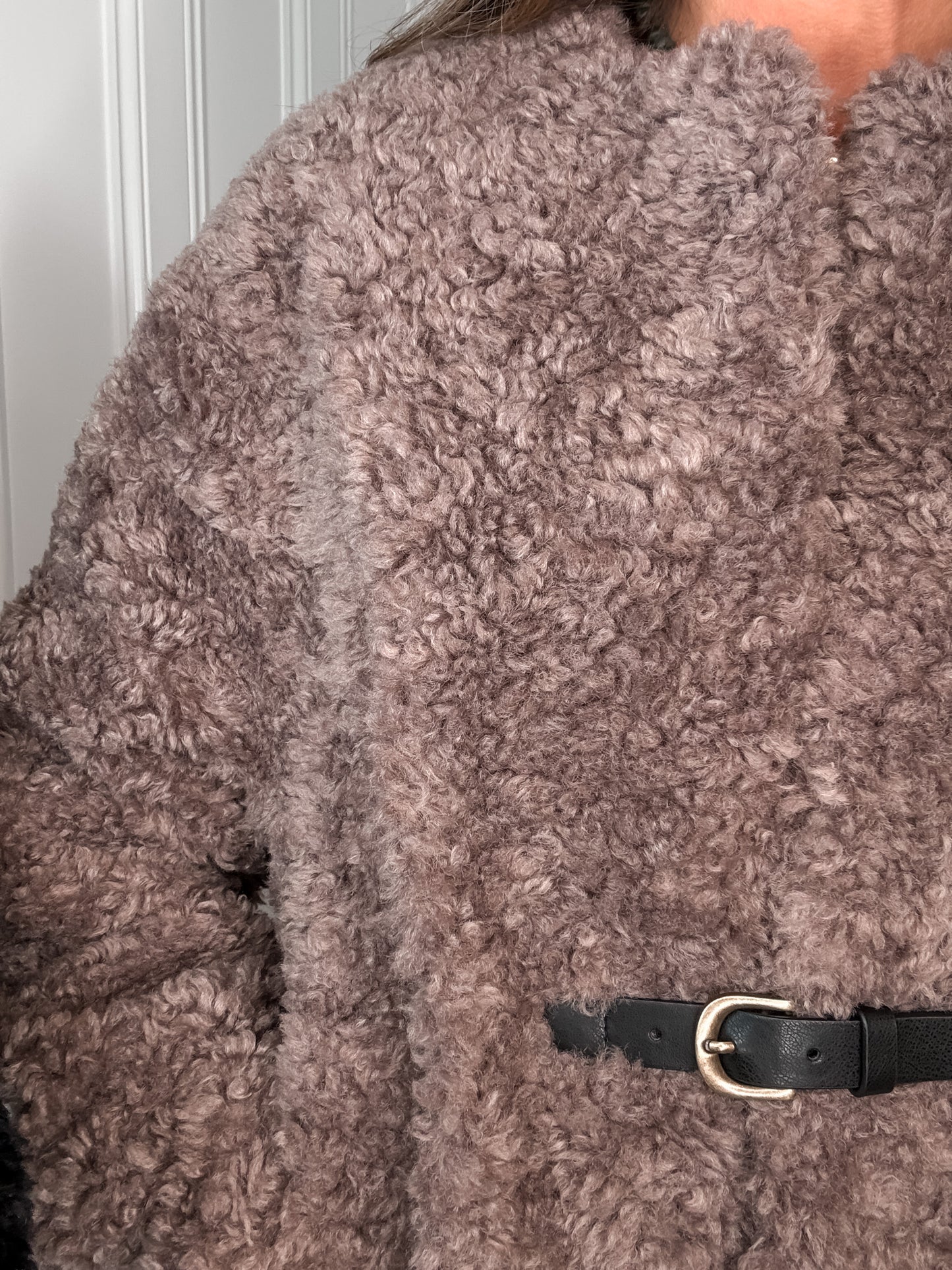 Taupe Belted Faux Fur Jacket