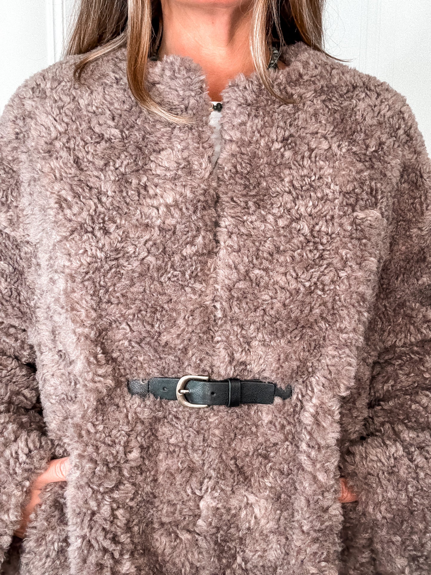Taupe Belted Faux Fur Jacket