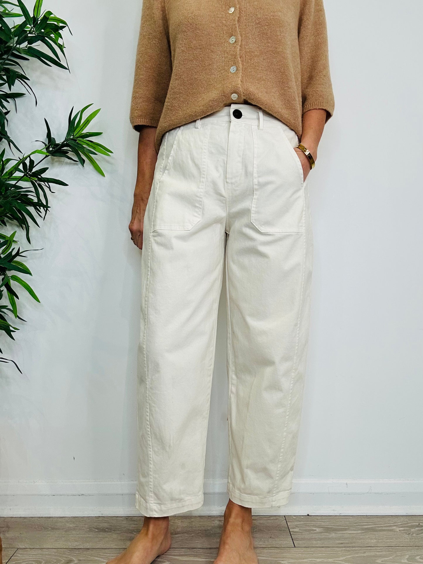 Cream Barrel Leg Trousers