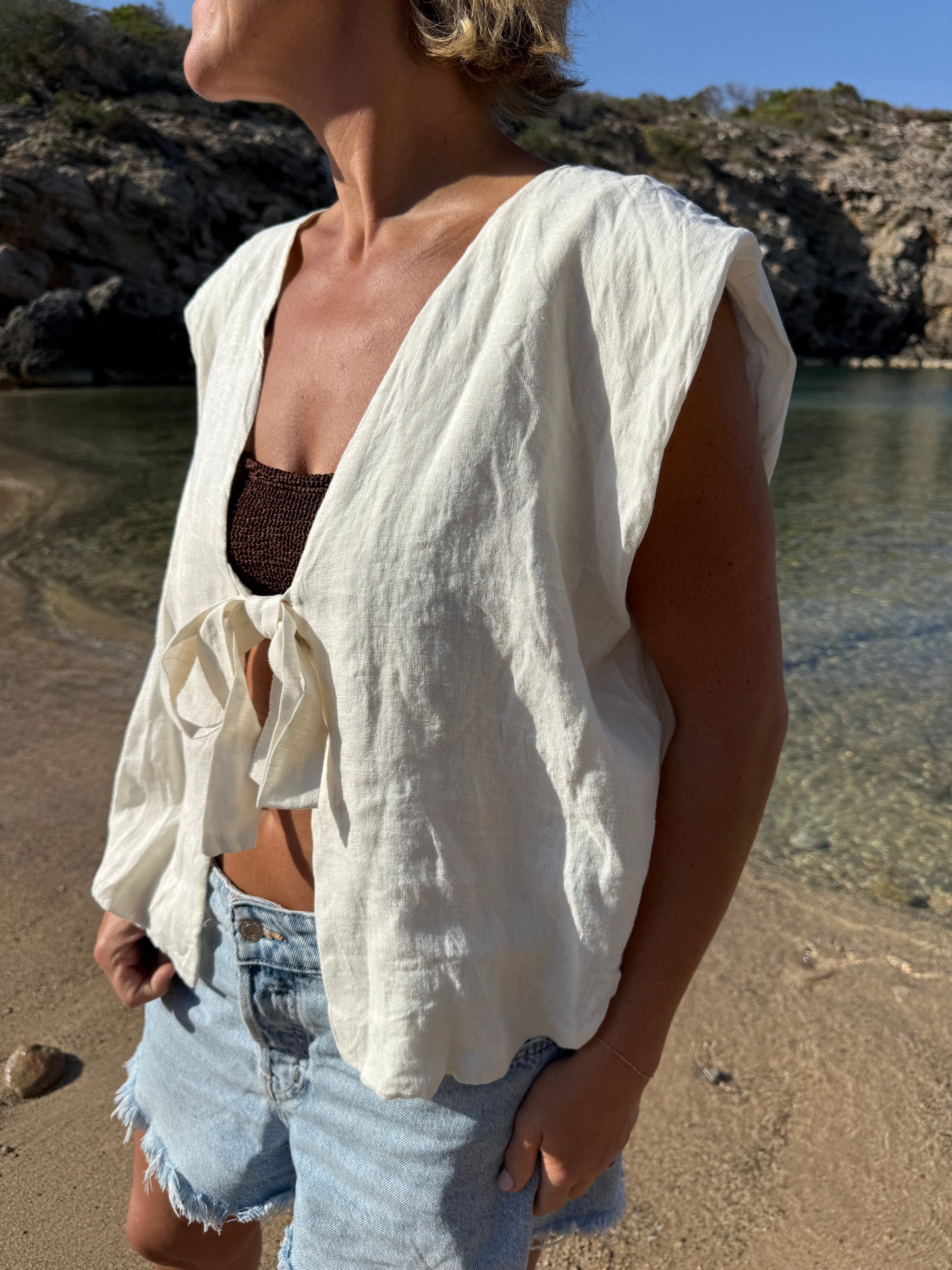 Cream Linen Bubble Top