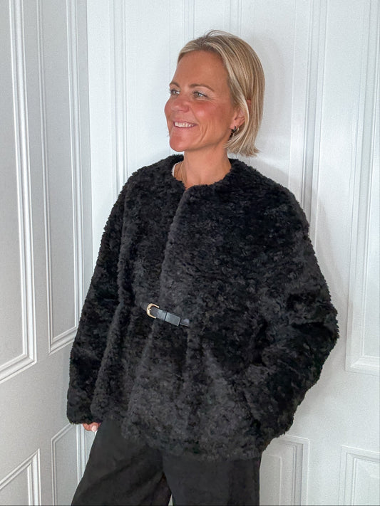 Black Belted Faux Fur Jacket