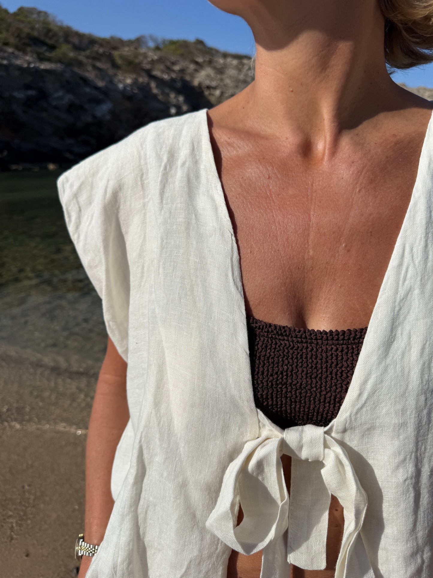 Cream Linen Bubble Top