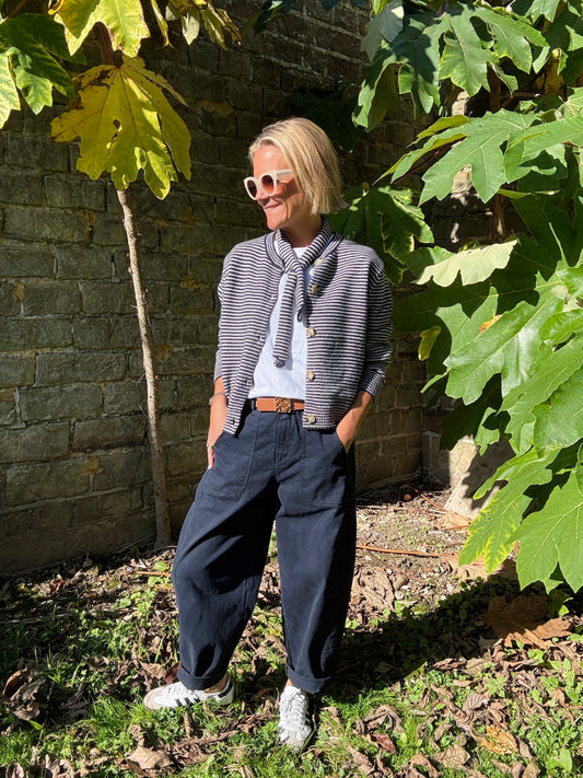 Navy Barrel Leg Trousers
