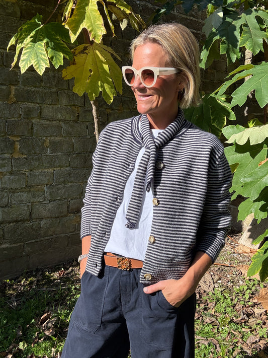 Stripe Knit Cardigan with Neck Tie