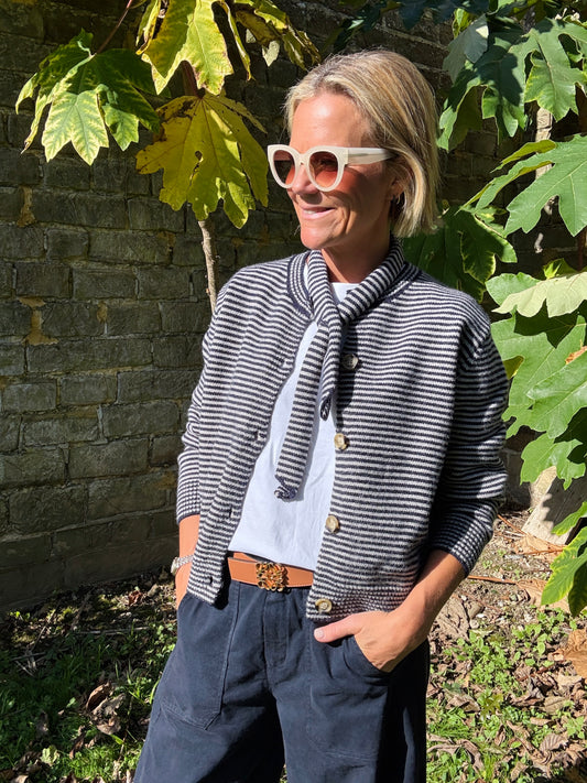Stripe Knit Cardigan with Neck Tie