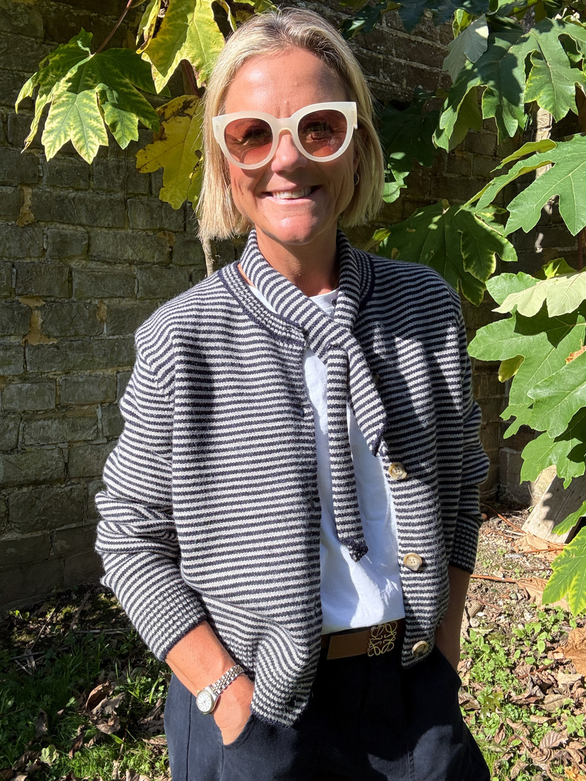 Stripe Knit Cardigan with Neck Tie