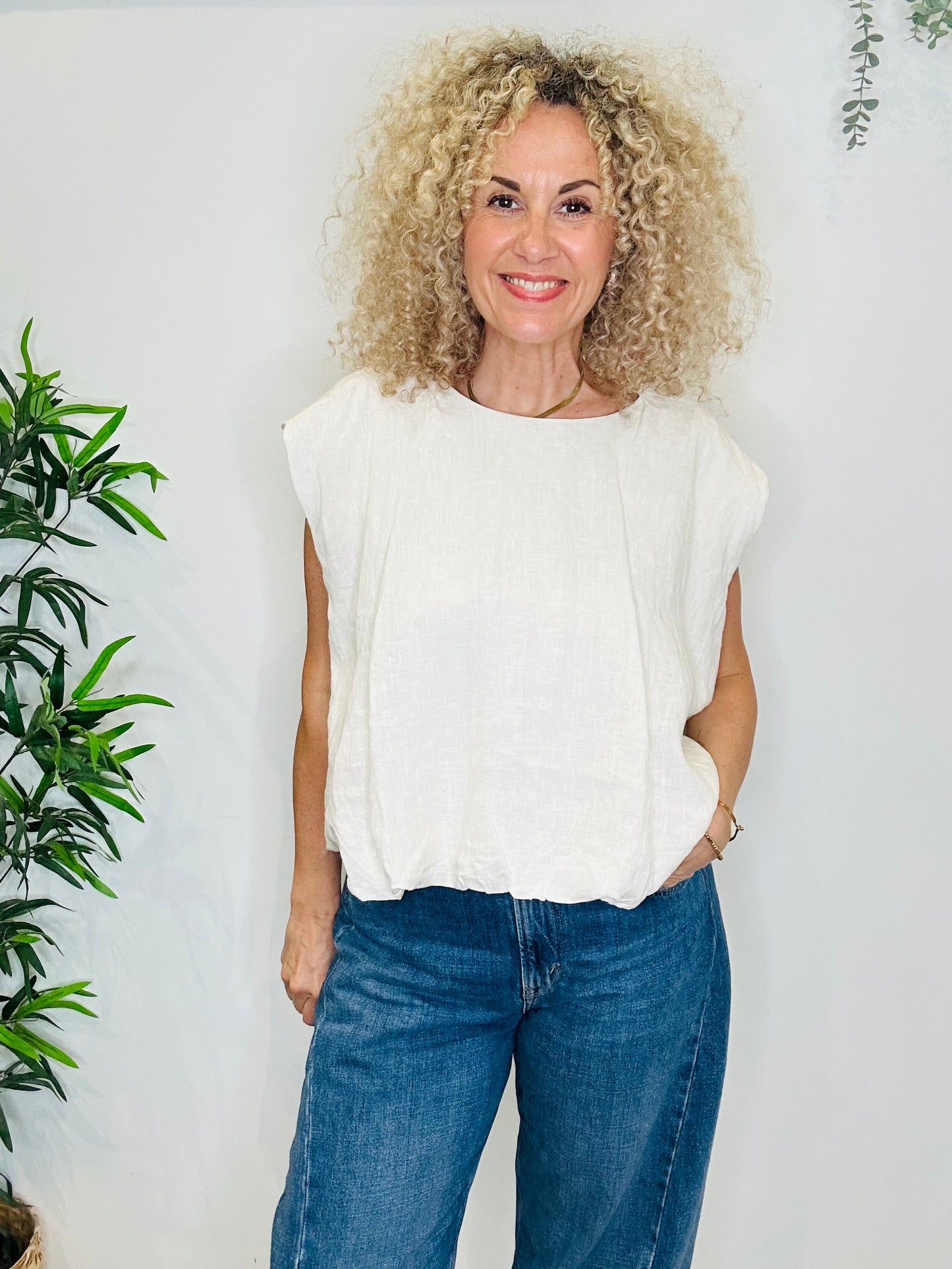 Cream Linen Bubble Top