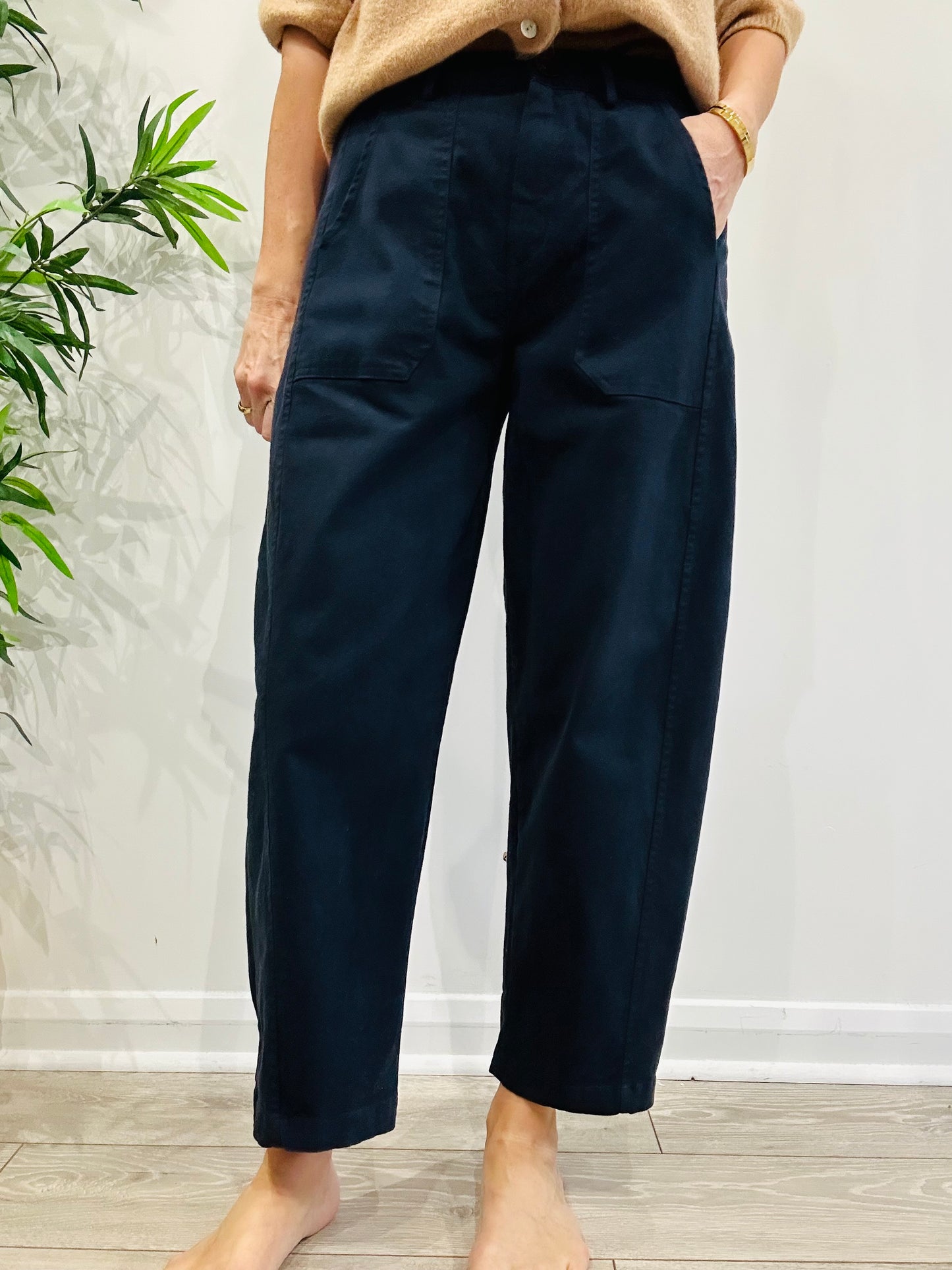 Navy Barrel Leg Trousers